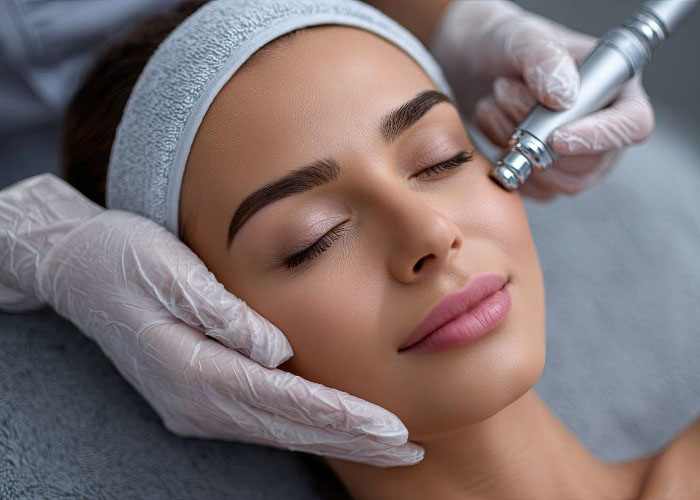 Kosmetische Gesichtsbehandlung mit Pflegegerät und geschlossenen Augen.