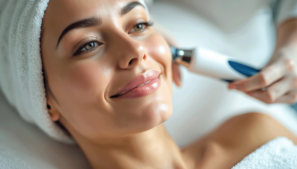 Frau erhält eine professionelle Gesichtsreinigung mit einem Hautpflegegerät.