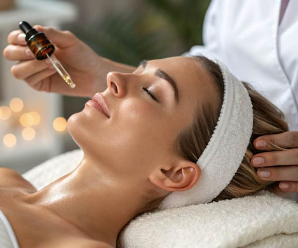 Frau erhält eine pflegende Gesichtsbehandlung mit einem Pinsel.